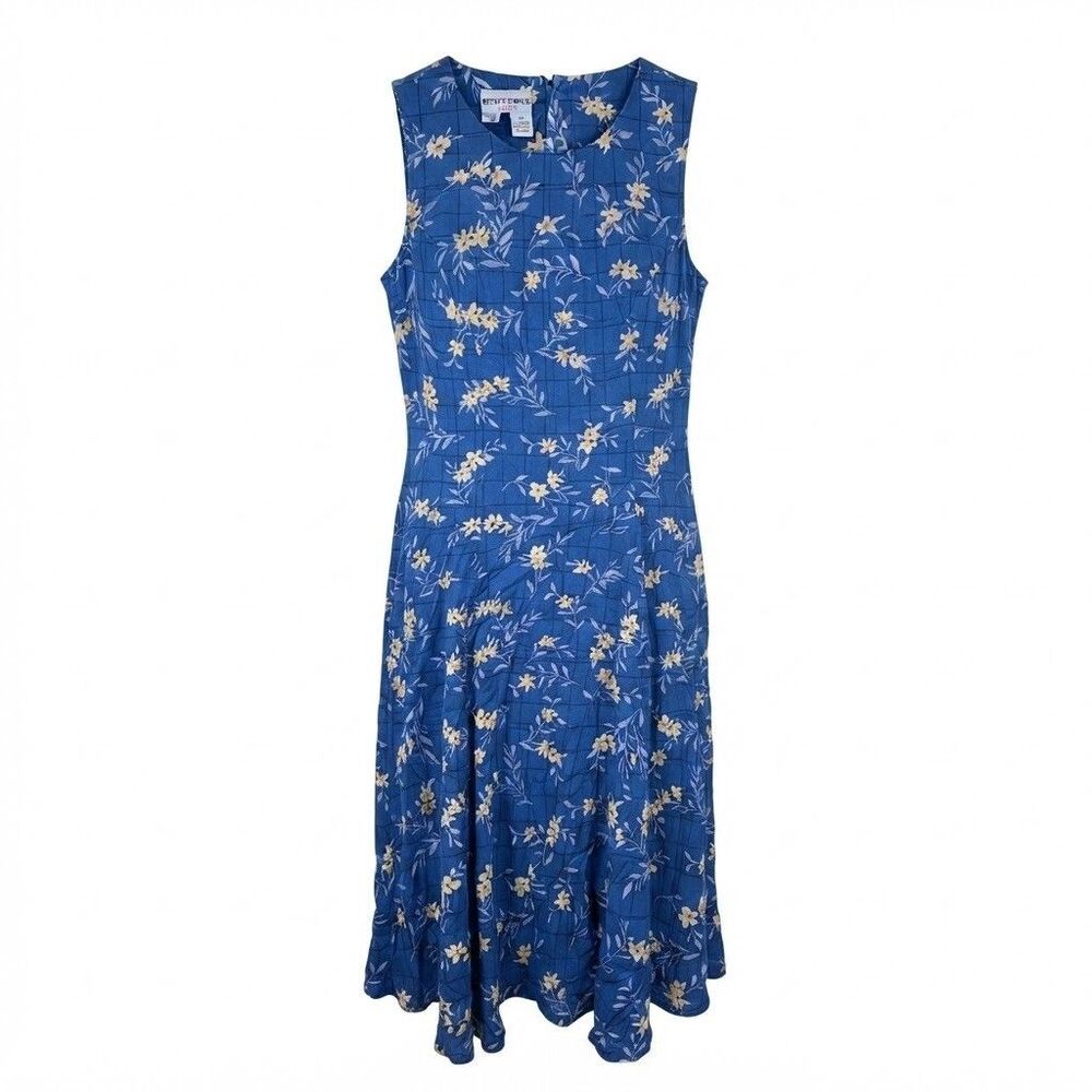 Betsy's Things Petites Dress Womens 16P Blue Floral Rayon Midi Sleeveless Grid